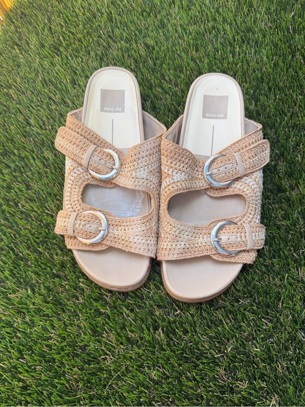 Dolce Vita Tan Woven Double-Buckle Slide Sandals